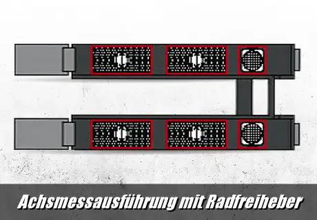 4-Säulen-Hebebühne in Achsmessausführung mit Radfreiheber